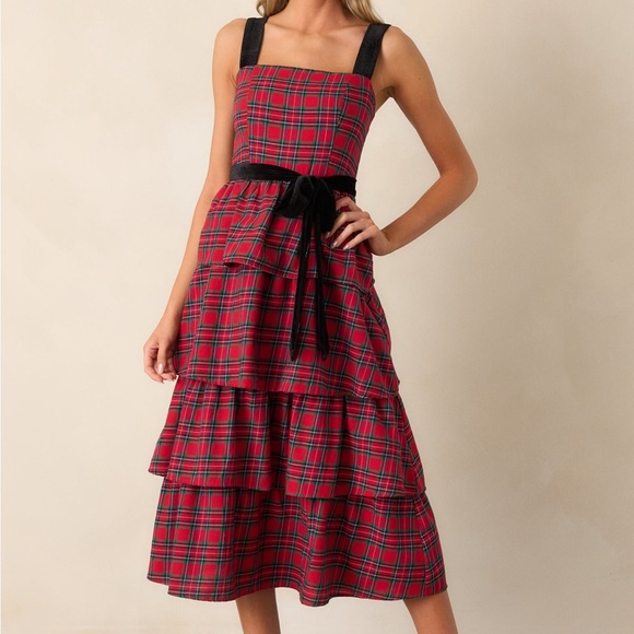 SUGARLIPS ELEGANCE DEFINED 100% COTTON RED PLAID TIERED MIDI DRESS - Picture 4 of 16
